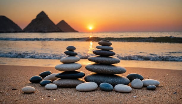 Two stacks of stones are balanced on a sandy beach at sunset. The stacks are in the foreground of the image. The ocean is behind the stacks and there are mountains in the background.
