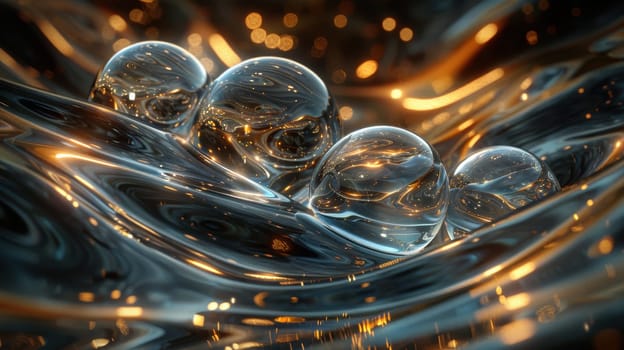 Air soap bubbles on black background. Mesmerizing balloons filled with night air with shimmering surface.