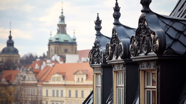 Ornate black wrought ironwork decorates a rooftop in a european city. historic buildings with intricate architectural details create a picturesque cityscape. a unique blend of classic style and cultural heritage.
