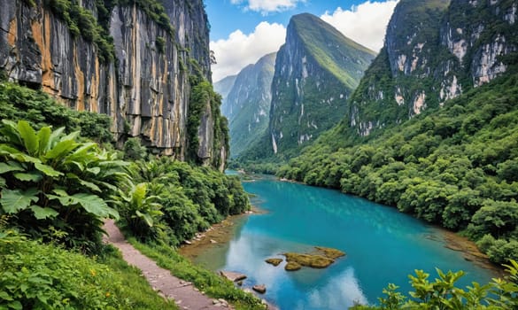 The image showcases a serene landscape in China. A turquoise river winds its way through a deep canyon, flanked by verdant foliage and towering cliffs.