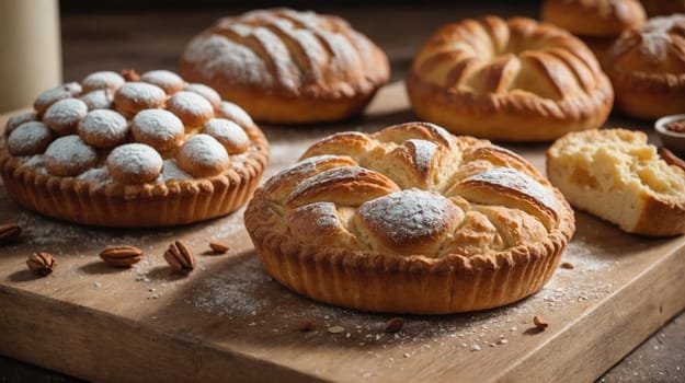Several pastries, dusted with powdered sugar, are arranged on a wood cutting board. Some are whole, some are cut open, and pecans are scattered on the surface.