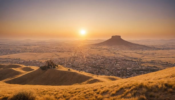 A large mountain stands tall in the distance, with a small city in the foreground. The sun is setting, casting a golden glow over the landscape.