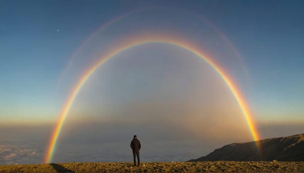A person stands on a grassy hillside, looking out at a large rainbow arching across the sky. The sky is blue and filled with clouds, with the setting sun casting a warm glow.