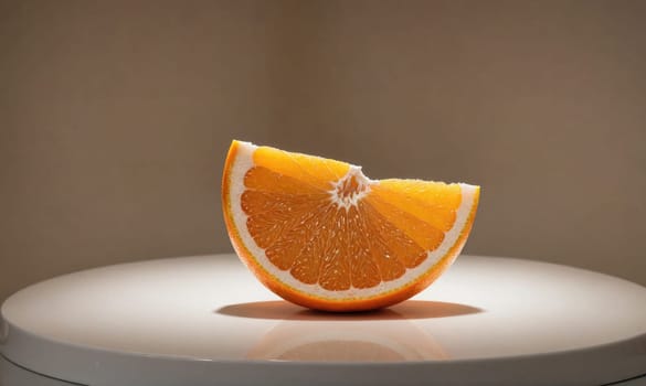 A single slice of orange, cut in half, is sitting on a white, circular surface. The slice is in focus, and the background is a soft, warm brown.