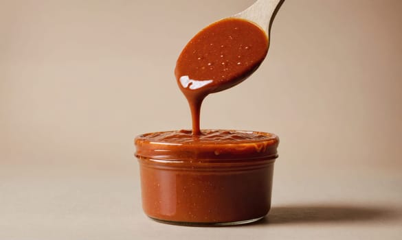 A wooden spoon is being used to pour a rich, brown sauce into a glass jar. The sauce is thick and has a smooth consistency. The jar is sitting on a light brown surface.