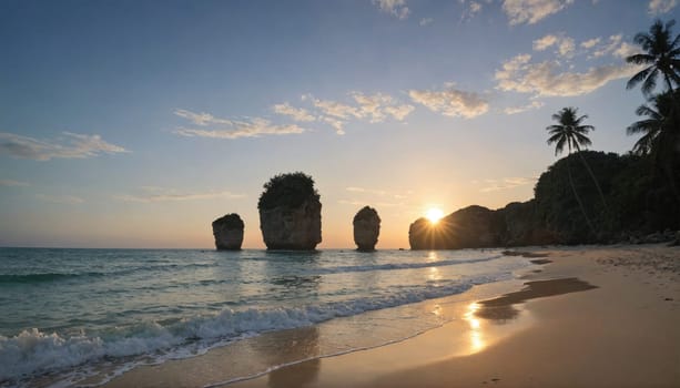 The sun sets over a beach in Thailand, casting a warm glow on the sand and the calm ocean.