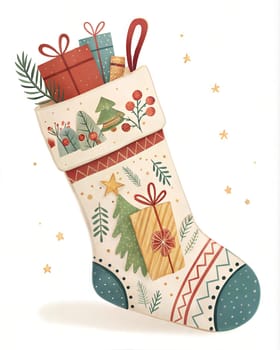 Christmas sock with gifts hanging on white background. Cozy Christmas illustration. Christmas sock