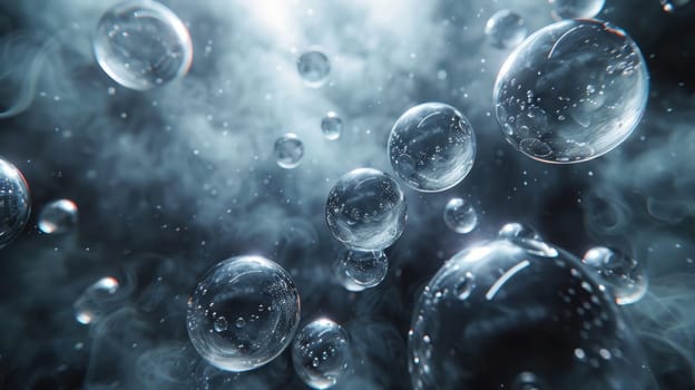 Air soap bubbles on black background. Mesmerizing balloons filled with night air with shimmering surface.