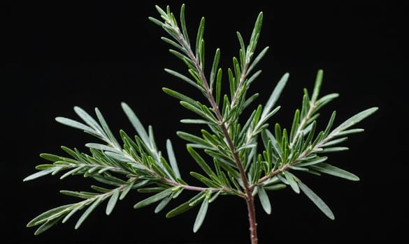 A single rosemary sprig with multiple branches and green leaves is isolated against a black background.