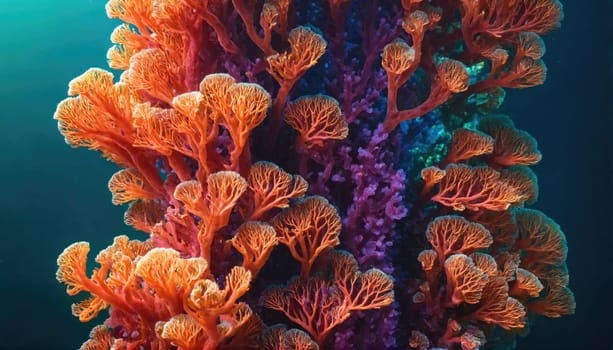 A close-up of orange and purple coral growing against a deep blue background. The orange coral has a delicate, branching structure, while the purple coral is more solid and textured.
