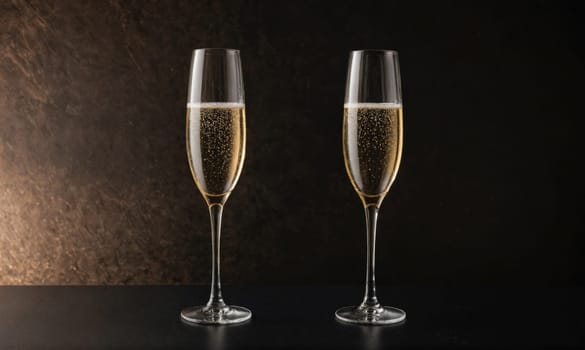 Two champagne flutes filled to the brim with bubbly champagne sit on a black surface. A dark brown background is blurred in the back.