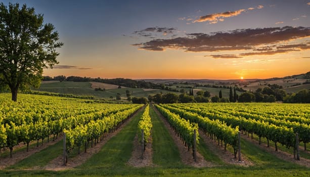 A vineyard with rows of grapevines in the foreground, extending to the horizon. The sky is a vibrant orange and pink at sunset, with wispy clouds. A lone tree stands in the left foreground.