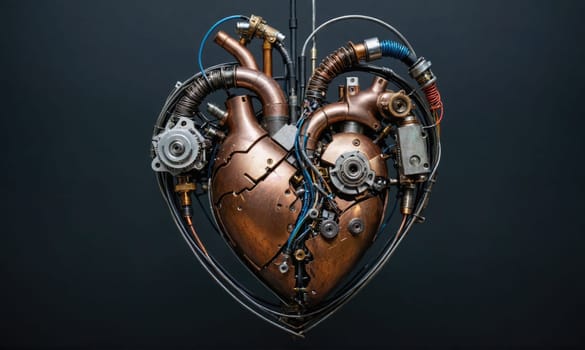 A detailed, close-up view of a metallic heart-shaped object, crafted from copper and steel. The heart is intricately detailed with gears, pipes, and wires, giving it a steampunk aesthetic.