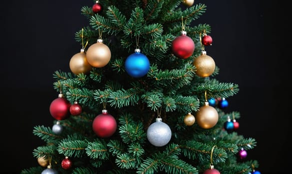 A close-up of a Christmas tree with red, gold, silver, and blue ornaments hanging on the branches. The tree is in front of a black background.
