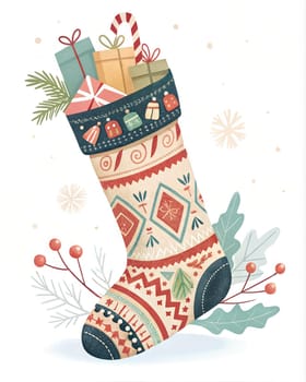 Christmas sock with gifts hanging on white background. Cozy Christmas illustration. Christmas sock