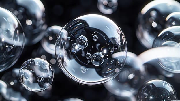 Air soap bubbles on black background. Mesmerizing balloons filled with night air with shimmering surface.