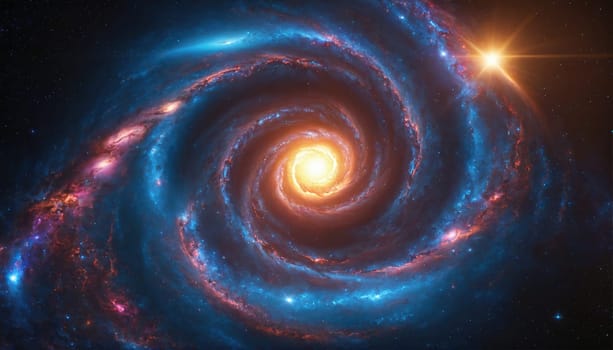 A spiral galaxy with bright blue and orange gas and dust clouds swirling around a luminous center.