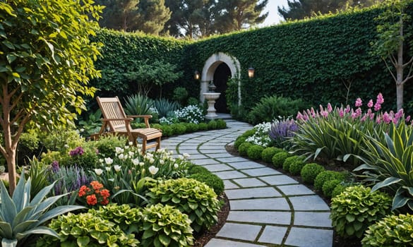 A view of a garden with a winding stone path leading through various flowering plants and shrubs, with a wooden bench in the foreground and a fountain behind a green hedge.