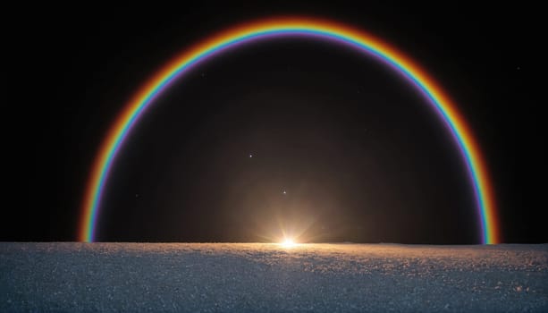 A rainbow forms a large arch in the night sky, over a snowy, flat terrain, with the setting sun visible on the horizon.