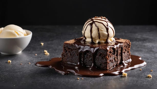 A square brownie with a scoop of vanilla ice cream on top sits on a dark surface. The ice cream is drizzled with chocolate sauce, which is also covering the brownie and running down the sides.