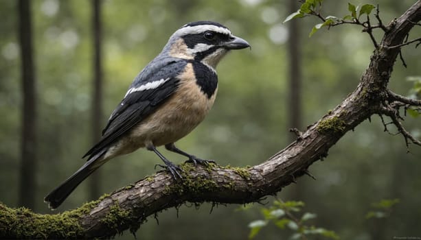 A black-capped shrike, with a distinct black cap and white stripes, sits on a mossy branch in a forest.