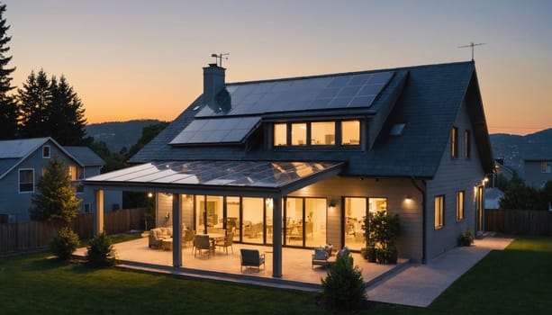 A two-story, light grey house with a covered patio is illuminated by interior lights. Solar panels cover the roof of the house.