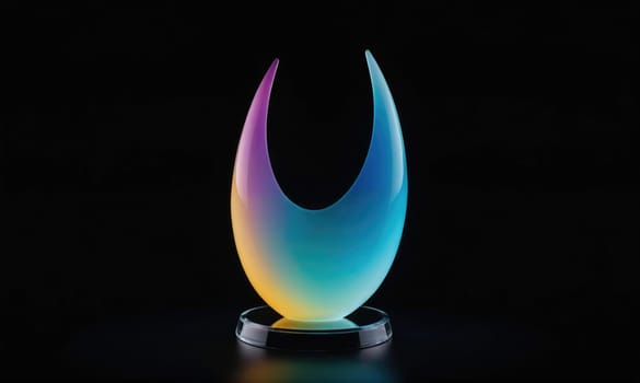 A glass sculpture with a crescent shape is on a black background. The sculpture is iridescent, and has a base that is also glass.