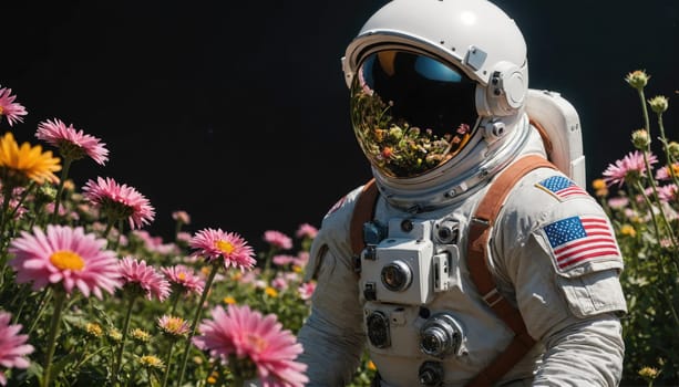 The astronaut is wearing a helmet with a visor that reflects the flowers. The astronaut has an American flag patch on their shoulder. The flowers are in bloom and are against a dark background.