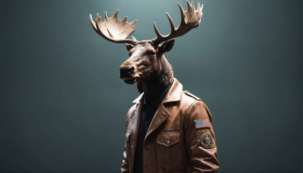 A large moose with large antlers is wearing a brown leather jacket with an embroidered patch on the sleeve. The moose is facing forward, its head slightly tilted to the side.