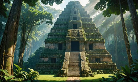 A large, ancient pyramid structure is situated amidst a dense jungle. It has many levels and a long stairway leading to an open doorway. Trees are visible on either side of the pyramid.