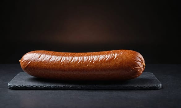 A long, brown sausage sits on a black slate cutting board. The sausage is on a black surface and the background is a dark brown.