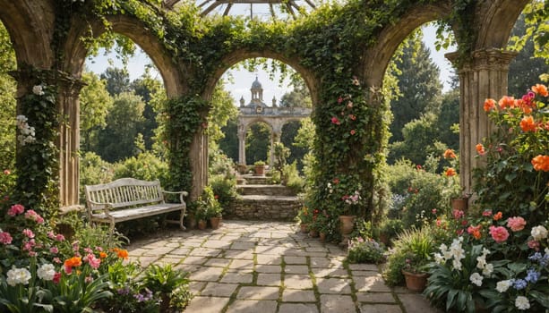 A stone bench is nestled in a lush, overgrown garden. Stone arches frame the view and lead to a path lined with stone.