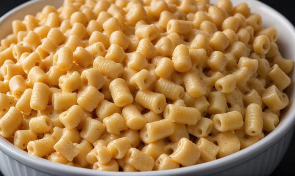 A bowl of macaroni and cheese, filled to the brim with creamy, cheesy pasta.