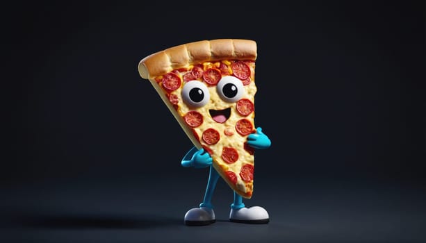 A happy, animated pepperoni pizza slice stands on a dark background. It holds its arms out in a gesture of excitement.