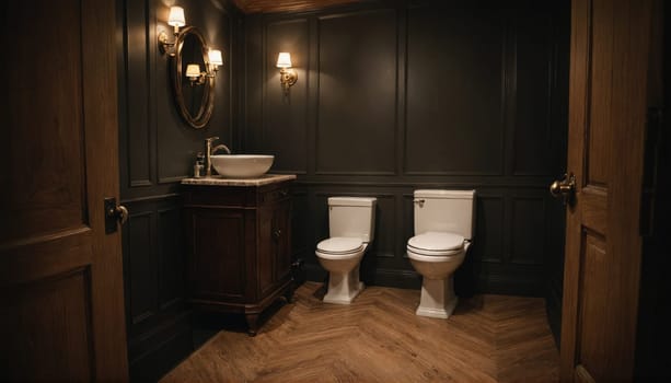 The image shows a small, contemporary bathroom with dark-colored walls and wooden floors. There is a sink with a cabinet underneath, two white toilets, and a mirror.