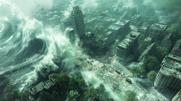 A natural disaster on the embankment. A tsunami hits the coast with houses. Large waves destroy buildings and the embankment.