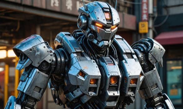 A large, silver robot with glowing eyes stands in front of an urban building. The robot has a large, segmented body with a metal head and arms.