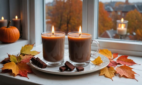Two lit candles in glass mugs are placed on a white plate with pieces of chocolate and autumn leaves beside a window with an out-of-focus view of fall foliage.