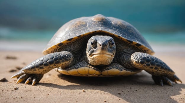 A turtle with a black shell and yellow markings walks on the sand near a blue body of water.