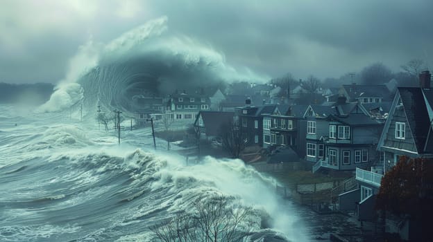 large waves destroy houses in their path. A tsunami is a natural disaster . Houses on the shore take the brunt of the big waves.