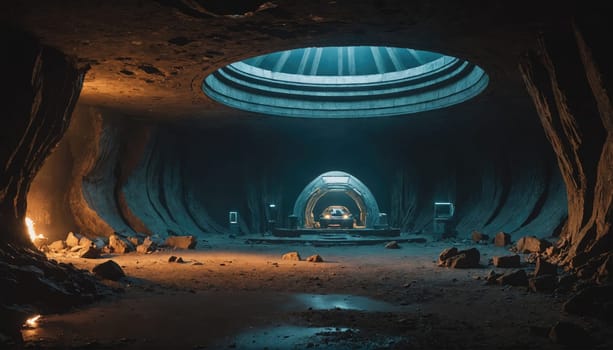 A large, dark cave with a circular opening in the ceiling. The ceiling is illuminated with a soft blue light.
