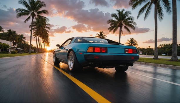 A blue sports car drives down a street lined with palm trees. The sun is setting in the background, casting a golden light over the scene.