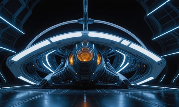 A futuristic spaceship with a glowing orange eye sits in a hangar. The spaceship is surrounded by blue lights and has a sleek, metallic design. The hangar is empty and the floor is reflective.