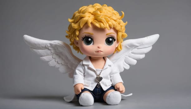 A small figurine of an angel with white wings, blonde hair, and a white jacket sits against a gray background.