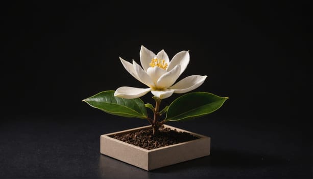A white flower with yellow center petals and green leaves grows in a square pot with dark soil. The flower and pot are isolated against a black background.