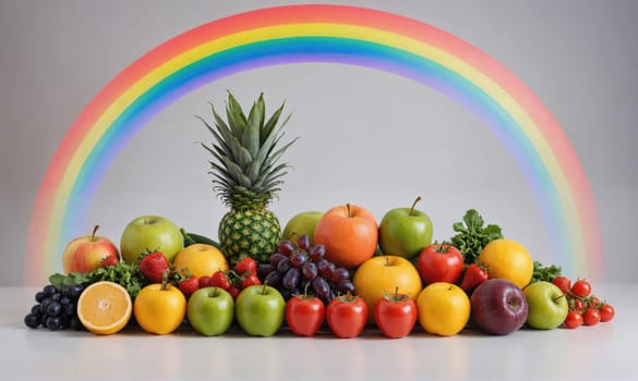 A rainbow is pictured above a variety of colorful fruits including apples, grapes, tomatoes, a pineapple, and a halved orange.