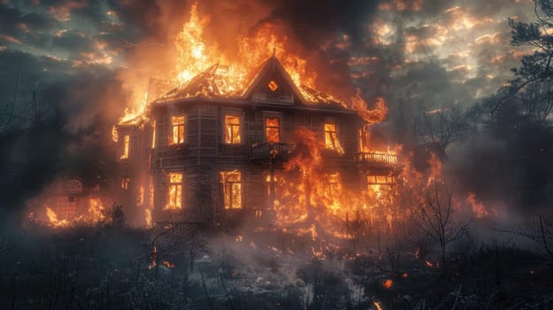 A big fire in a private house. The house is on fire. The house is on fire.