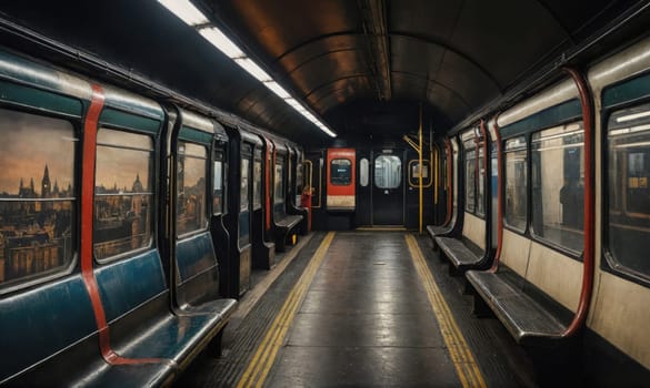 An empty train car with red and orange accents on the door frames and seats. The windows reflect a cityscape with a sunset.