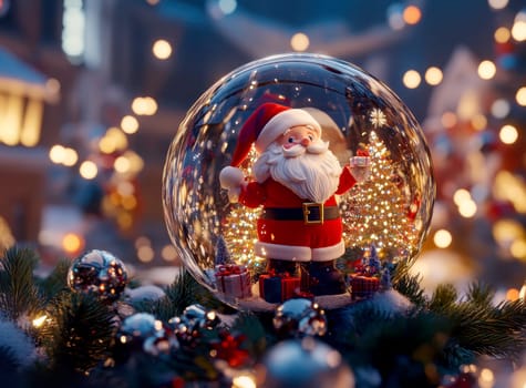 on top table Inside the glass ball is a Santa Claus . The background shows a Christmas decorated night illumination scene in high resolution, --ar 3:2 --v 6.1 Job ID: 1cc24052-fe6c-4575-92d5-96e2b9963bf5