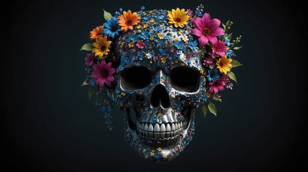 A detailed image of a silver skull with a wreath of colorful flowers. The skull is positioned against a dark background, emphasizing the vibrant hues of the flowers.